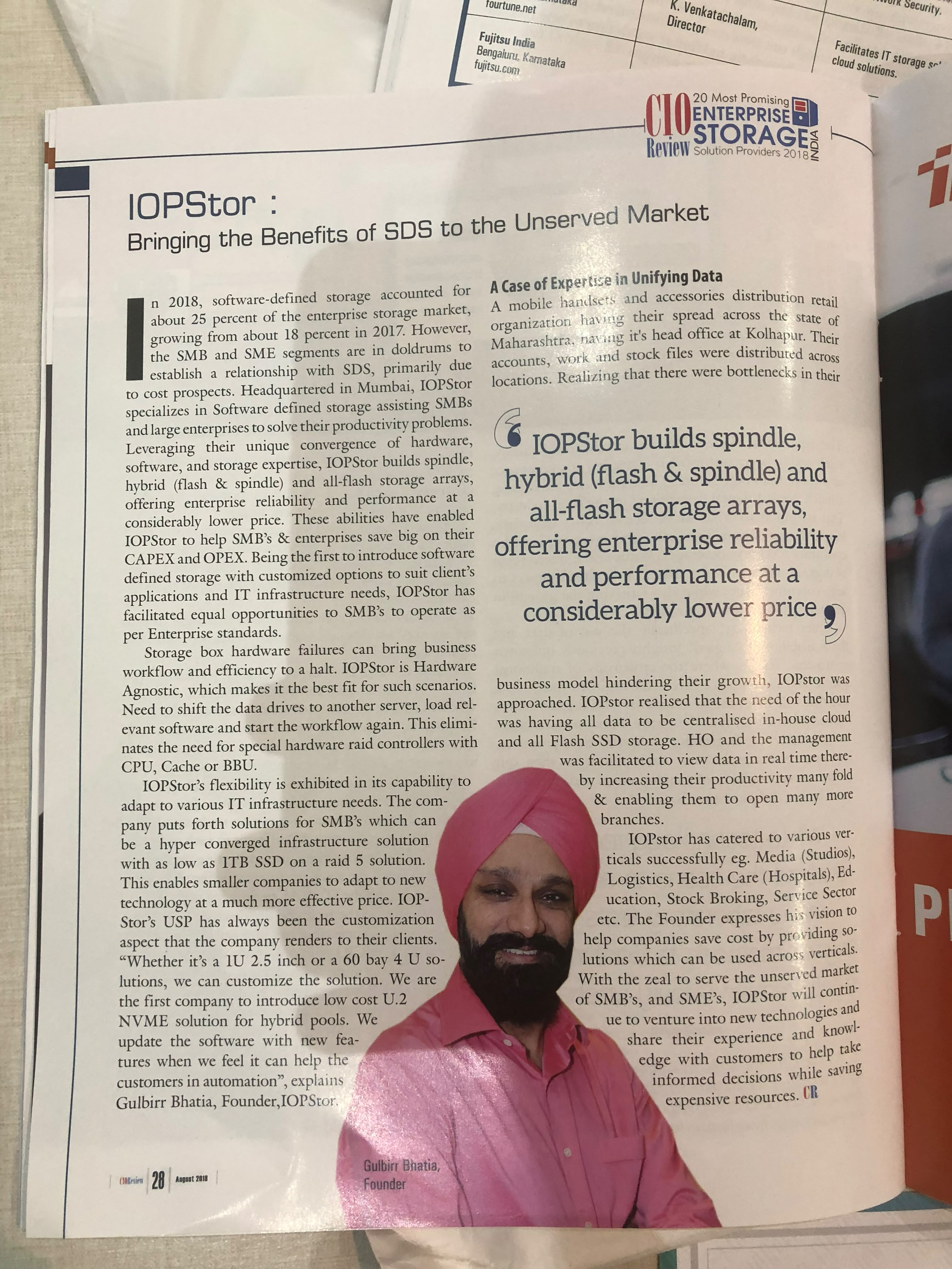 CIO Review India, August 2018: IOPStor, Bringing the Benefits of SDS to the Unserved Market